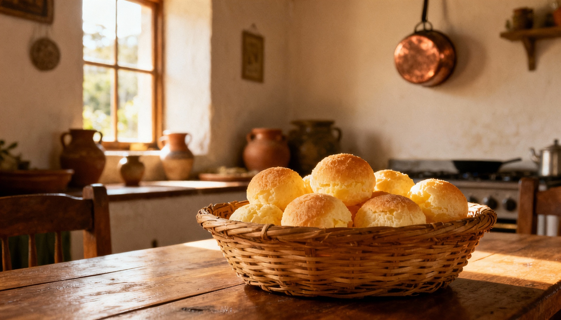 Coffee and pão de queijo on a sunlit table